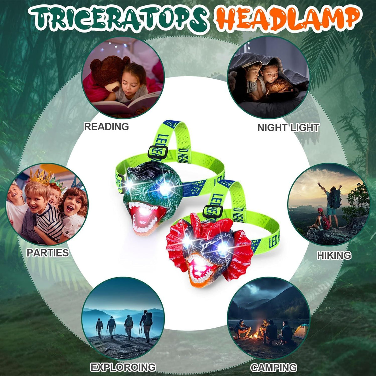 Kids dinosaur headlamp with LED lights, sound and mute modes, ideal for outdoor play, camping, and birthday adventures.