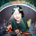 Kids dinosaur headlamp with LED lights, sound and mute modes, suitable for outdoor play, camping, and birthdays, by Everything Baby.
