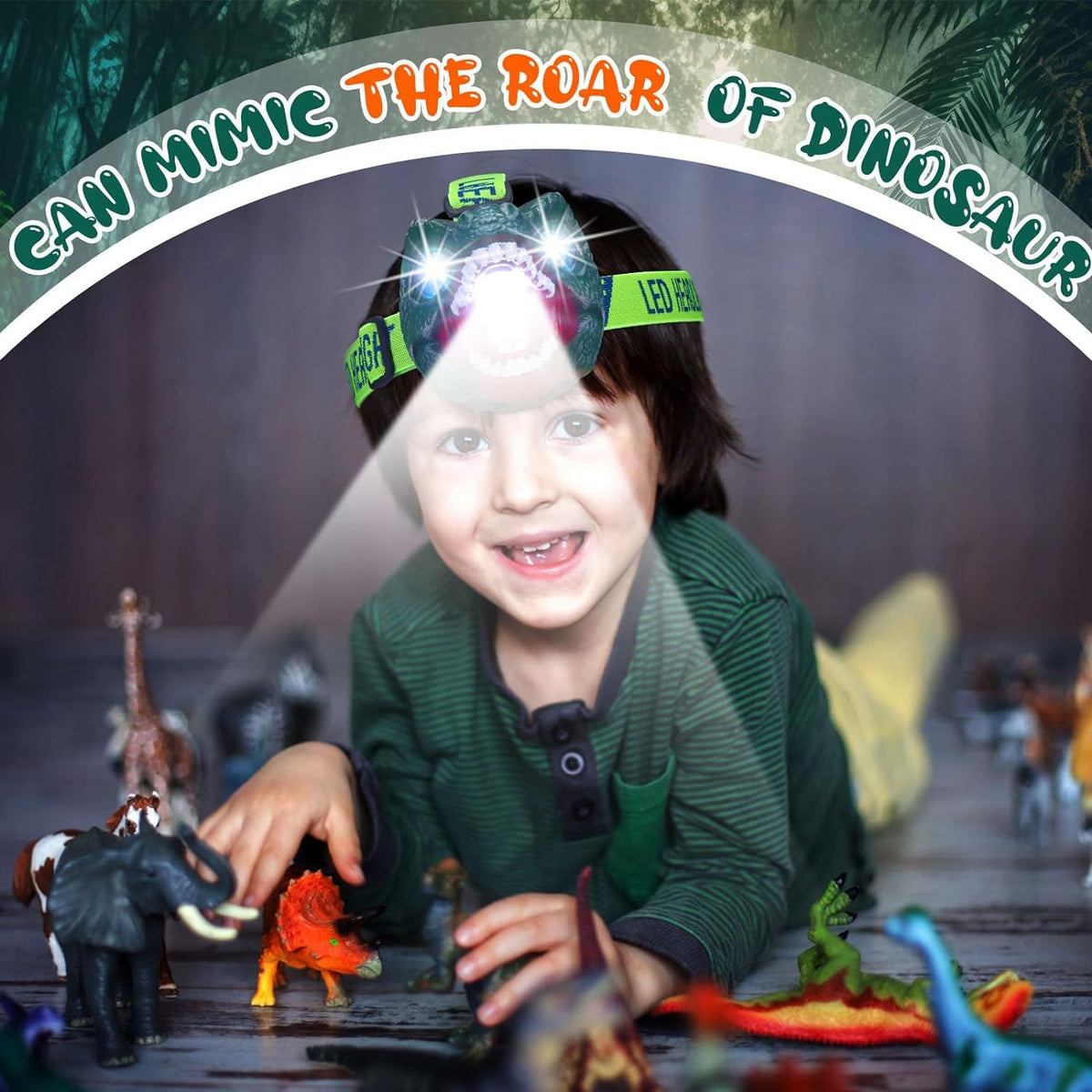 Kids dinosaur headlamp with LED lights, sound and mute modes, suitable for outdoor play, camping, and birthdays, by Everything Baby.