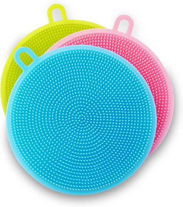 Silicone Sponge (3 Pack) - Food Grade Reusable Sponges for Dishes - Dishwasher Safe, Double Sided Silicon Brush - 3 Colors