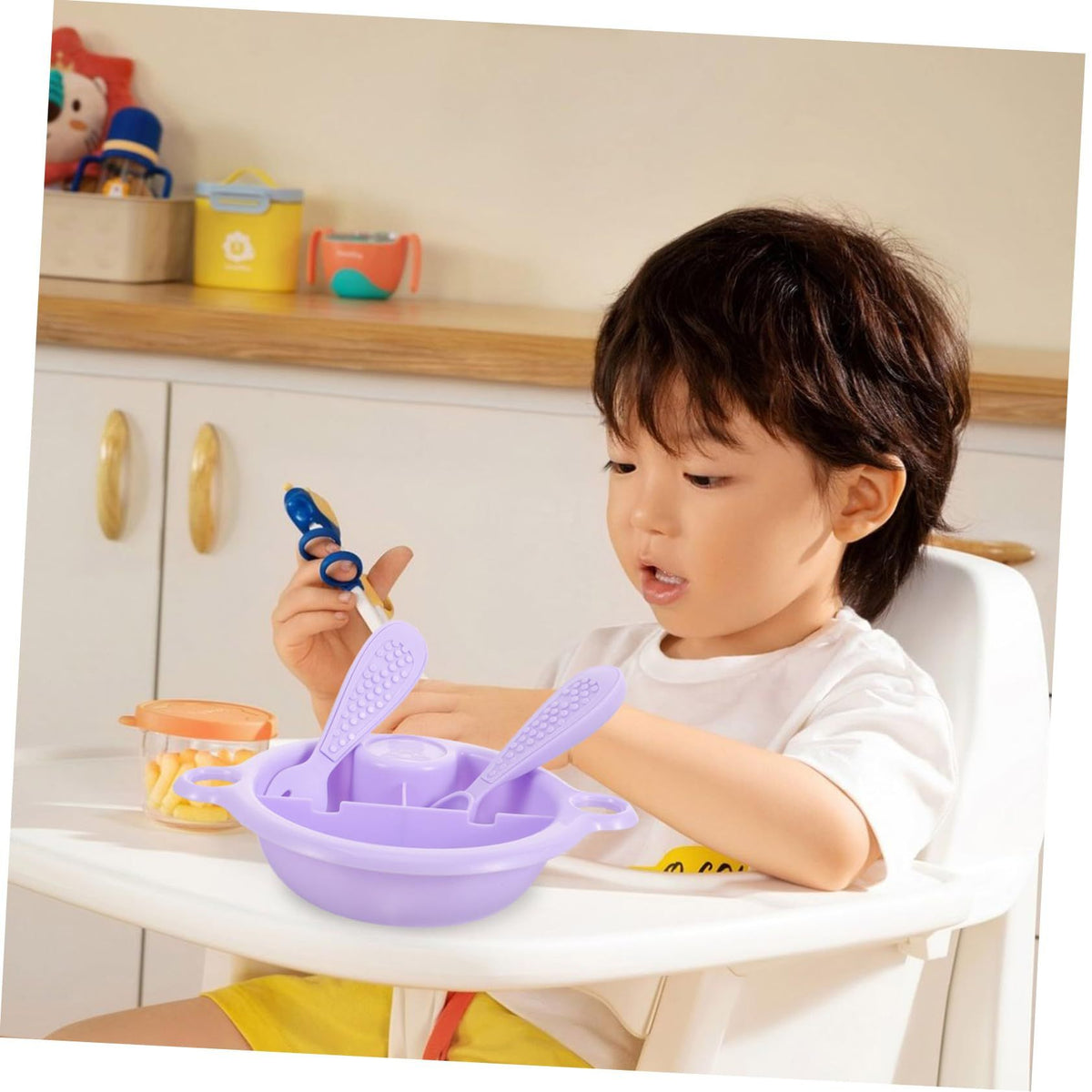 Miniature plastic kitchen cutlery set for kids, part of pretend play food and toy kitchen accessories by Everything Baby.