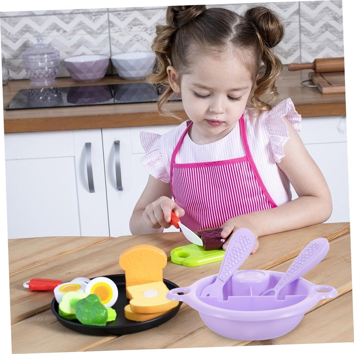 Mini plastic tableware toy set for kids, includes pretend cutlery and food for kitchen play and pretend cooking activities.