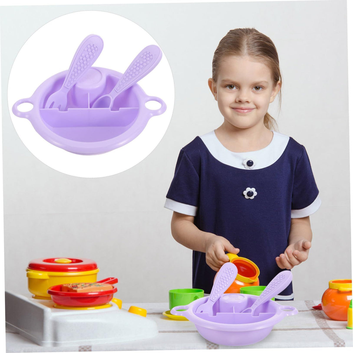 Mini plastic kitchen cutlery set for kids, including pretend food and utensils, part of Everything Baby’s play kitchen toy collection.
