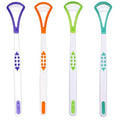 Four-pack tongue scraper and brush set for oral care, helps fight bad breath and freshen breath in babies and kids.