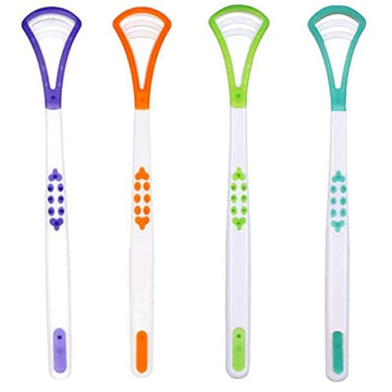 Four-pack tongue scraper and brush set for oral care, helps fight bad breath and freshen breath in babies and kids.