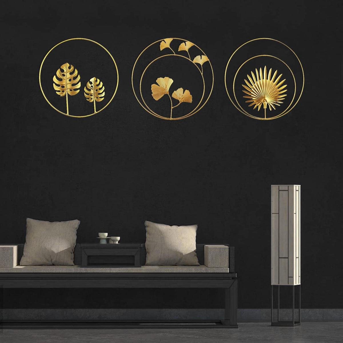 Three gold metal wall decor pieces featuring ginkgo and maple leaves, 11 inches, for bedroom wall decoration by Everything Baby.