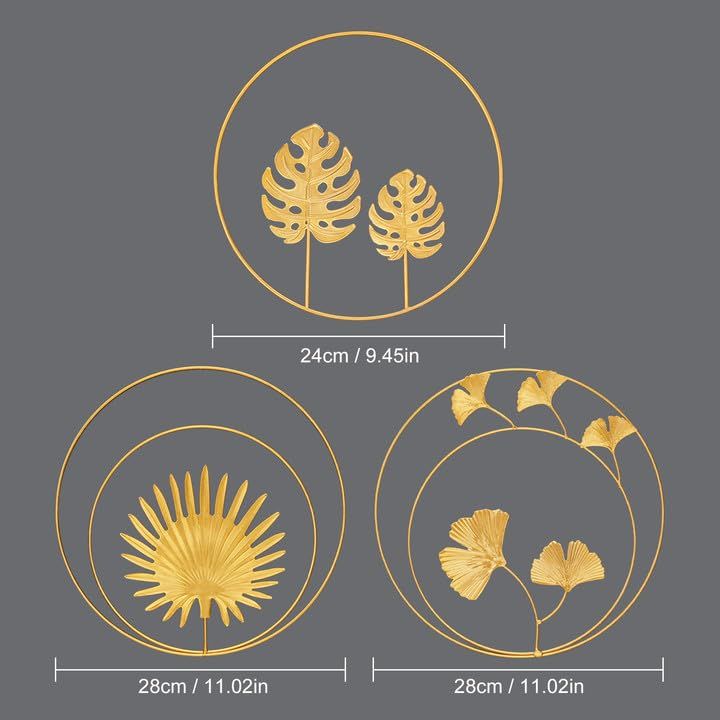Three gold metal wall decor pieces featuring ginkgo and maple leaf designs, 11 inches, for bedroom wall decoration by Everything Baby