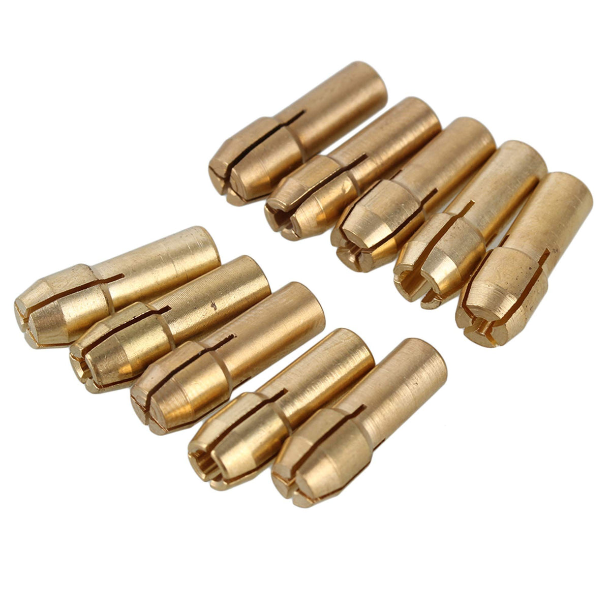 Set of 10 brass drill chucks with 0.5-3.2mm capacity, fits rotary tools, with 4.8mm shank diameter, suitable for DIY projects
