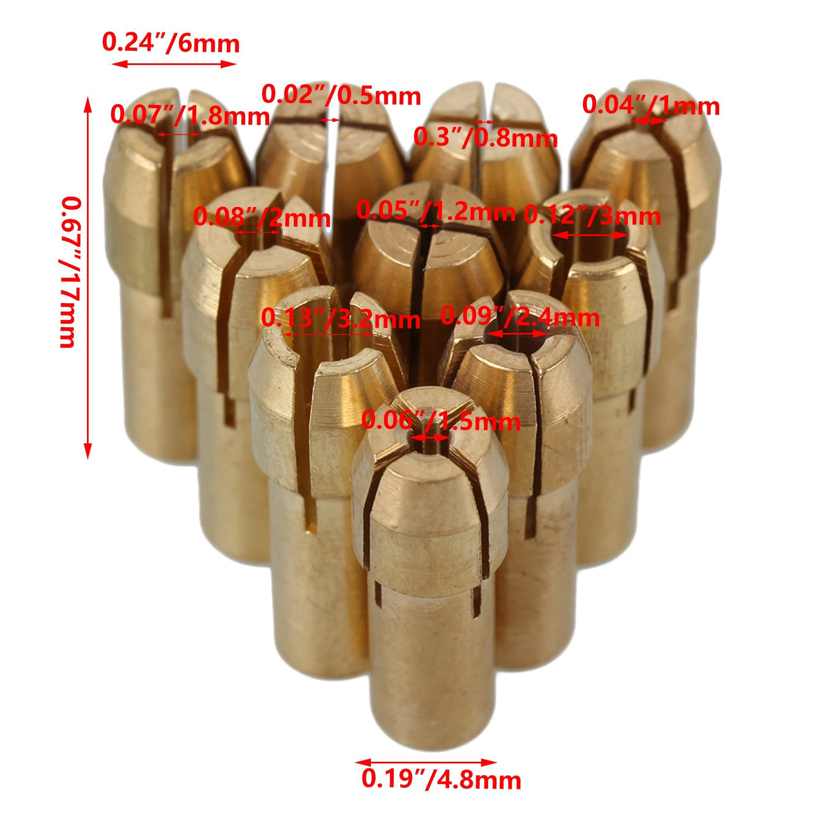 Set of 10 brass collet drill chucks for rotary tools, 0.5-3.2mm, with 4.8mm shank diameter, suitable for electric grinding tools.