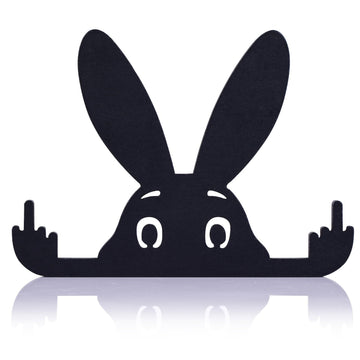 Black rabbit statue with raised middle finger, humorous decor toy figure, 5.9-inch size, perfect for playful baby and kid's room decor