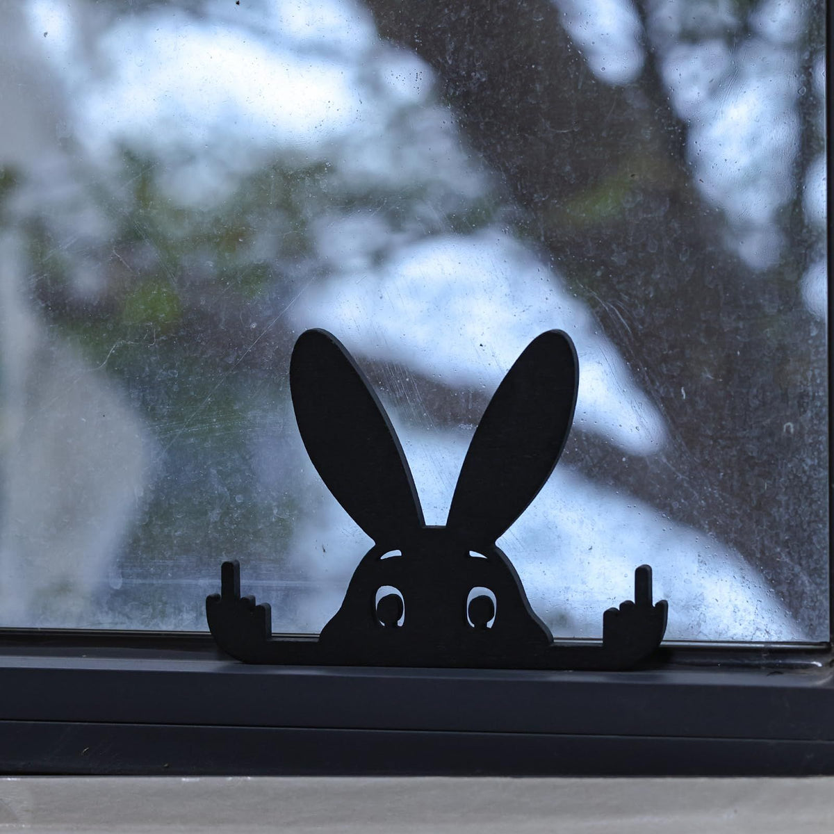 Black rabbit statue with a raised middle finger, cute and humorous decor figure, 5.9 inches tall, suitable as quirky toy or decor.