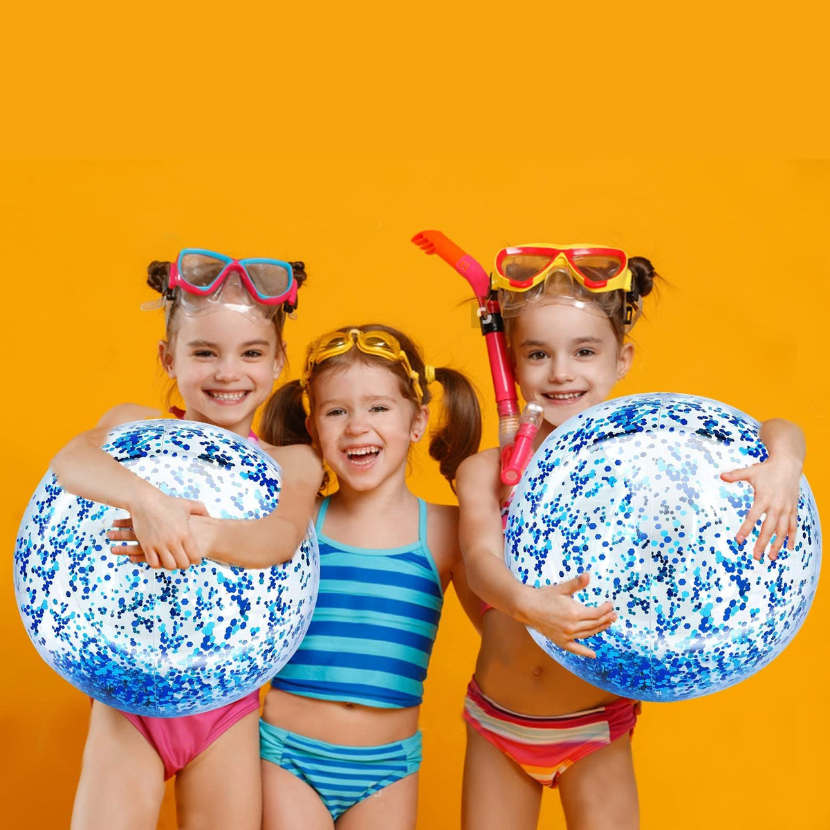 Six 23.6-inch jumbo sequins beach balls from Everything Baby, inflatable clear pool toys with glitter for outdoor water play.