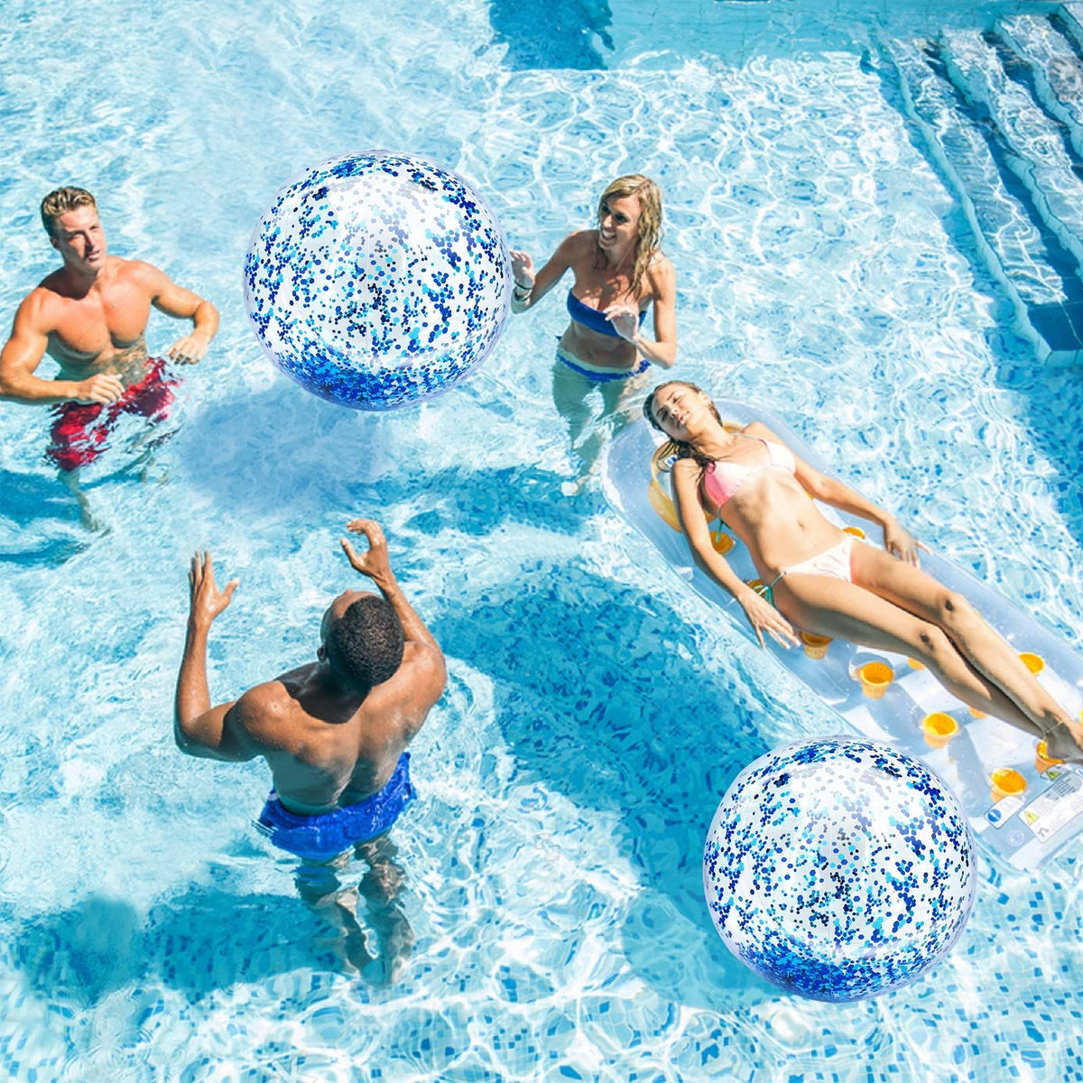 Six 23.6-inch jumbo sequins beach balls by Everything Baby, clear inflatable pool toys with glitter for outdoor water play.