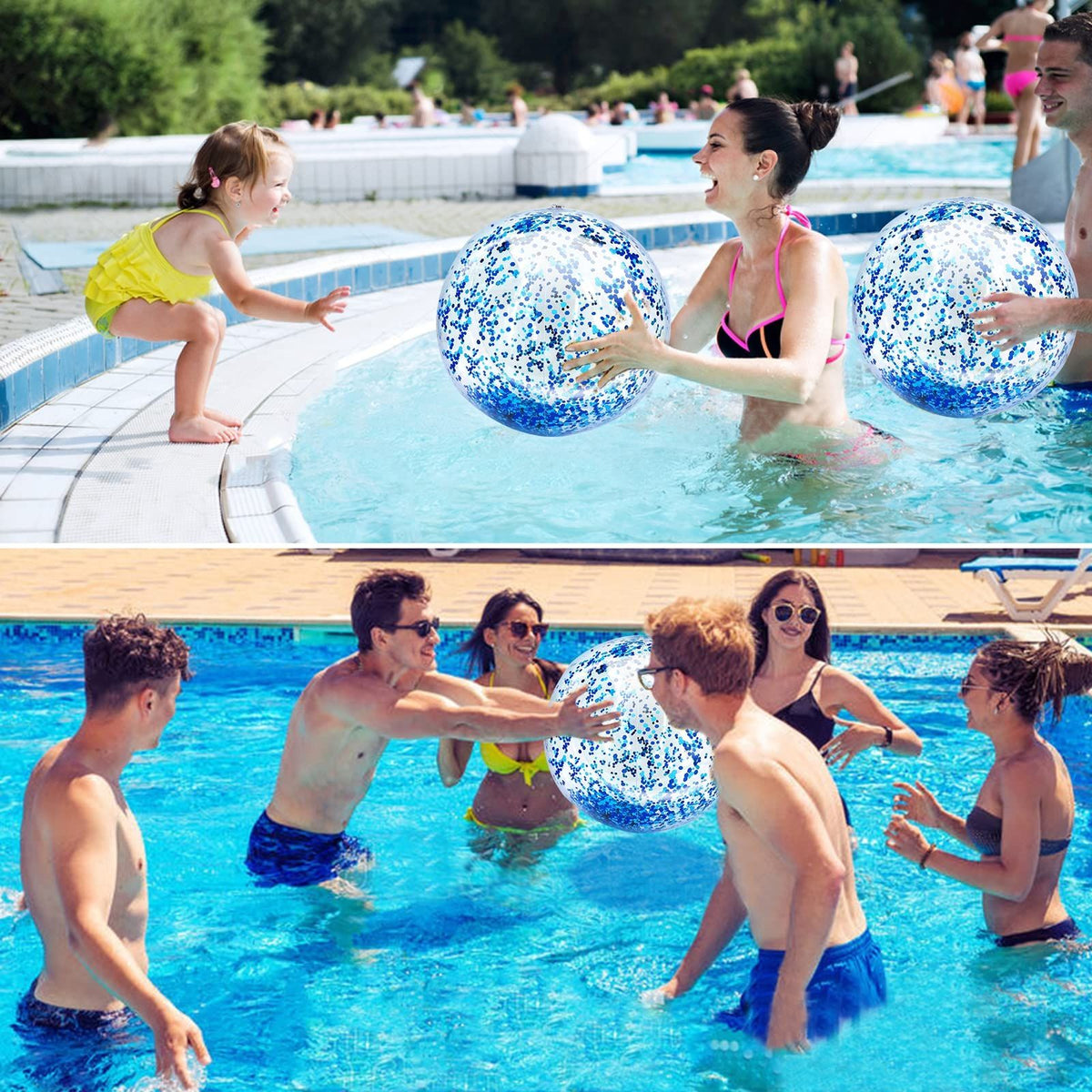 Six clear inflatable beach balls with jumbo sequins, perfect for kids' outdoor pool play and water fun in the pool or beach.