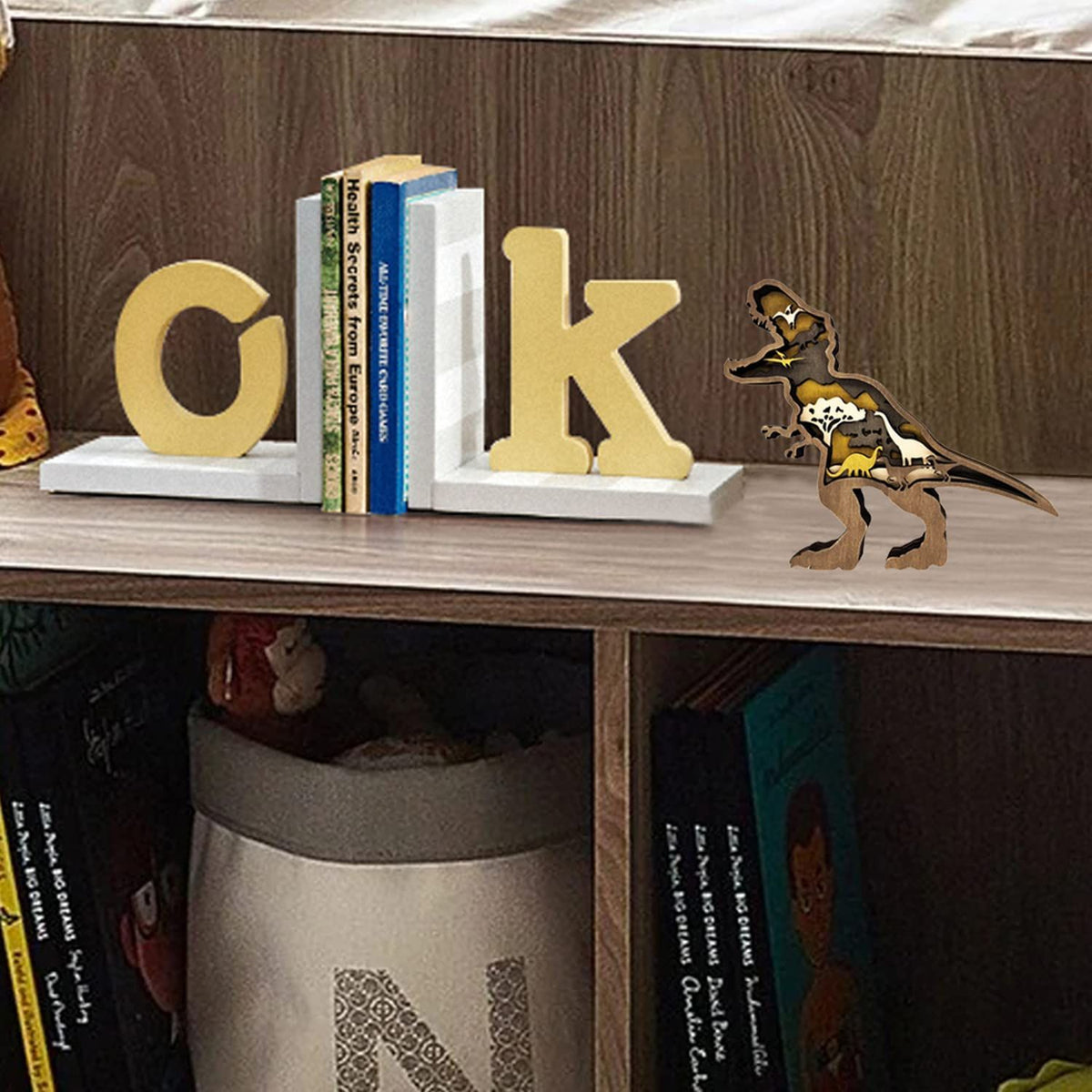 Wooden Tyrannosaurus Rex dinosaur figurine from Everything Baby, decorative table ornament for home or living room display.