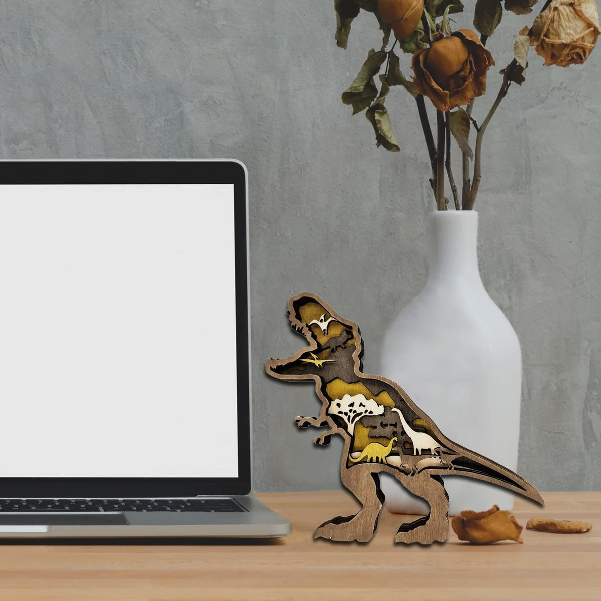 Wooden T-Rex dinosaur decor figurine by Everything Baby, suitable for home or living room table decorations.