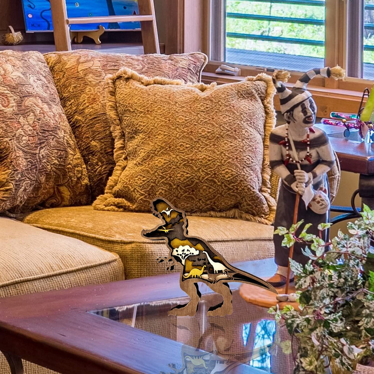 Wooden Tyrannosaurus Rex dinosaur figurine for home decor, ideal as a table ornament for living rooms and kids' spaces.