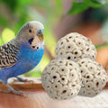Three handmade natural sola wood bird foot toys with lightweight shreddable wood balls for small to medium birds, easy for beaks.