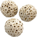 Three handmade natural Sola wood bird foot toys with lightweight shredded wood balls, ideal for small to medium birds' outdoor play.