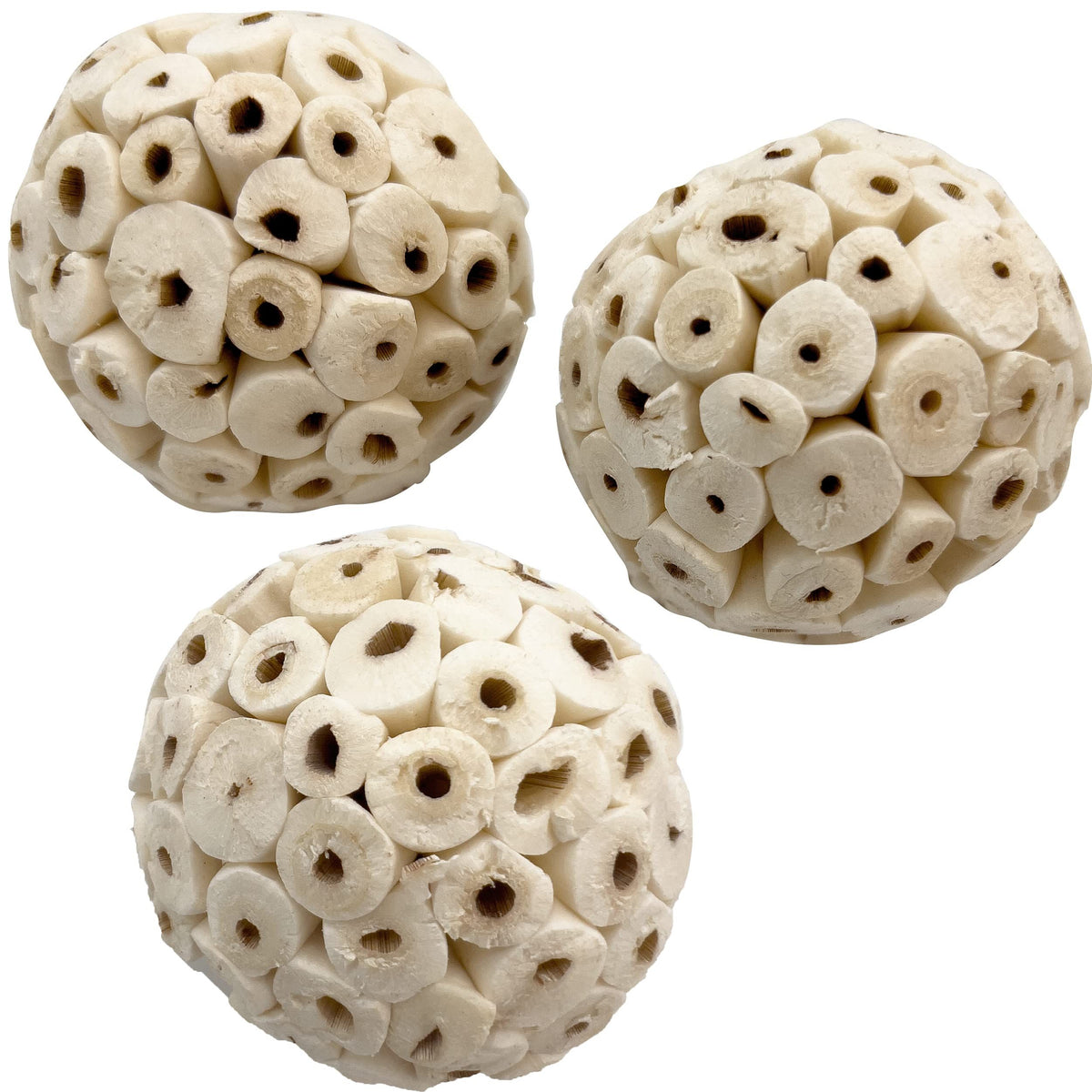 Three handmade natural Sola wood bird foot toys with lightweight shredded wood balls, ideal for small to medium birds' outdoor play.
