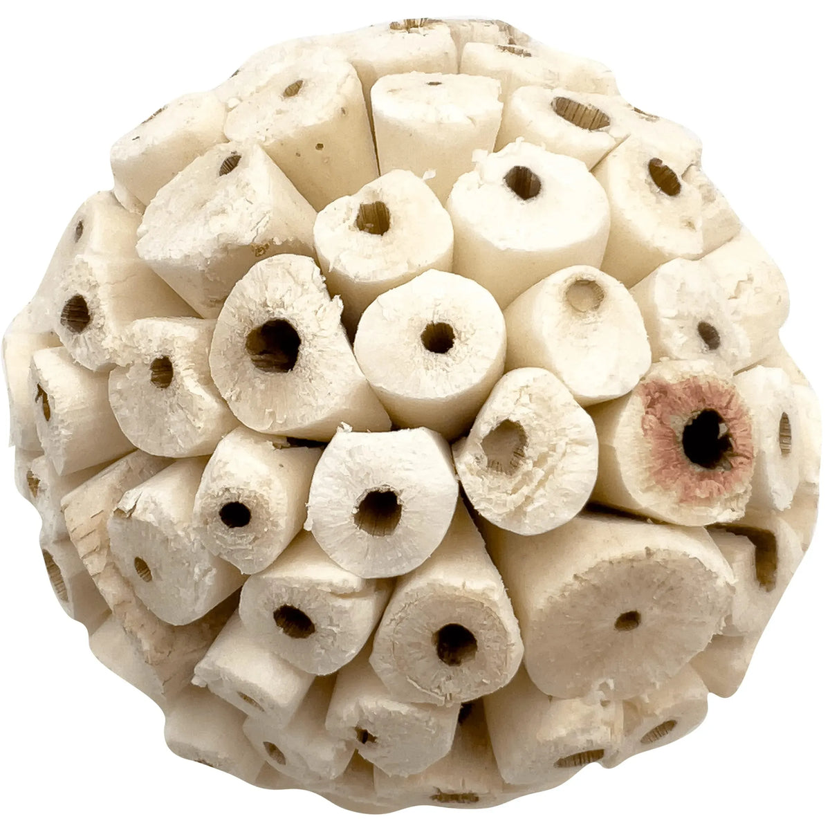 Three handmade natural Sola wood bird foot toys with shredded lightweight wood balls, ideal for small to medium birds' beak play.