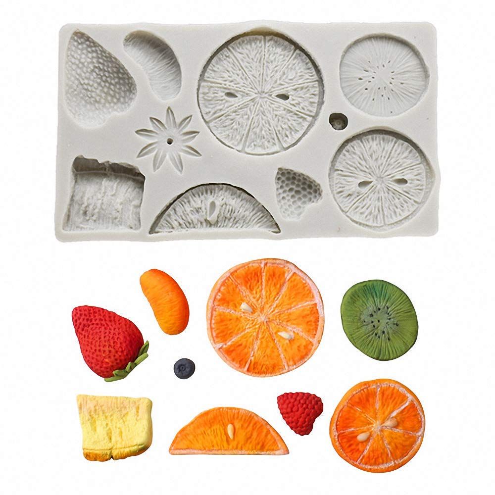 Strawberry, lemon, kiwi, and tangerine-shaped silicone mold for DIY cake, fondant, cookies, soap, and pudding creations.
