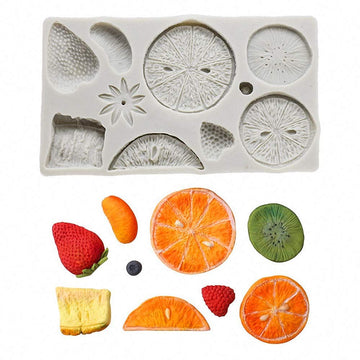 Strawberry, lemon, kiwi, and tangerine-shaped silicone mold for DIY cake, fondant, cookies, soap, and pudding creations.