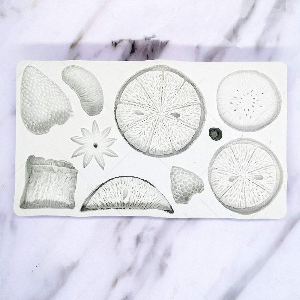 Silicone molds with strawberry, lemon, kiwi, and tangerine slices for DIY cake, fondant, cookies, soap, and pudding crafting.