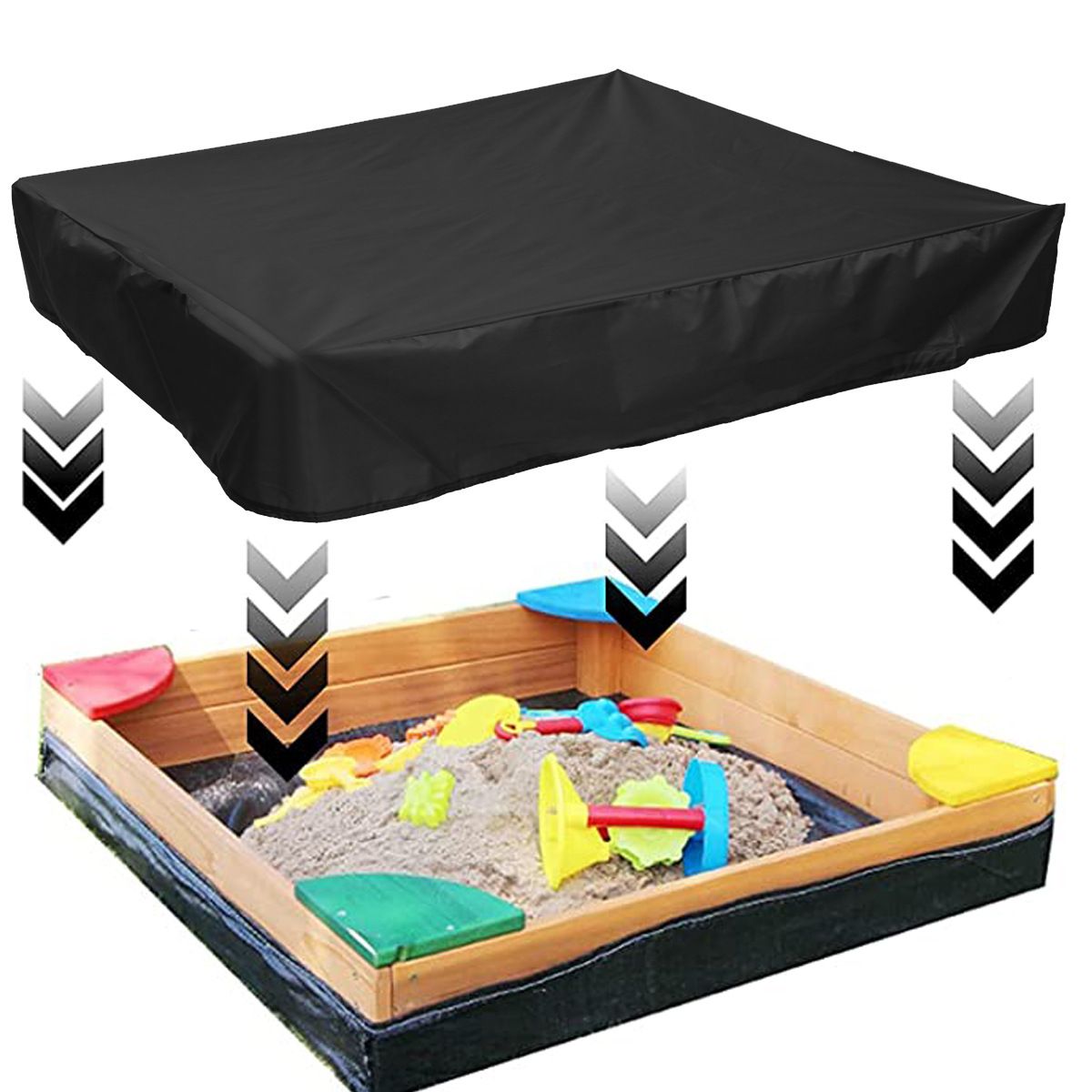 Black 200x200cm heavy-duty sandbox cover with elastic edges for outdoor kids' sandpit, provides protection and weather resistance.