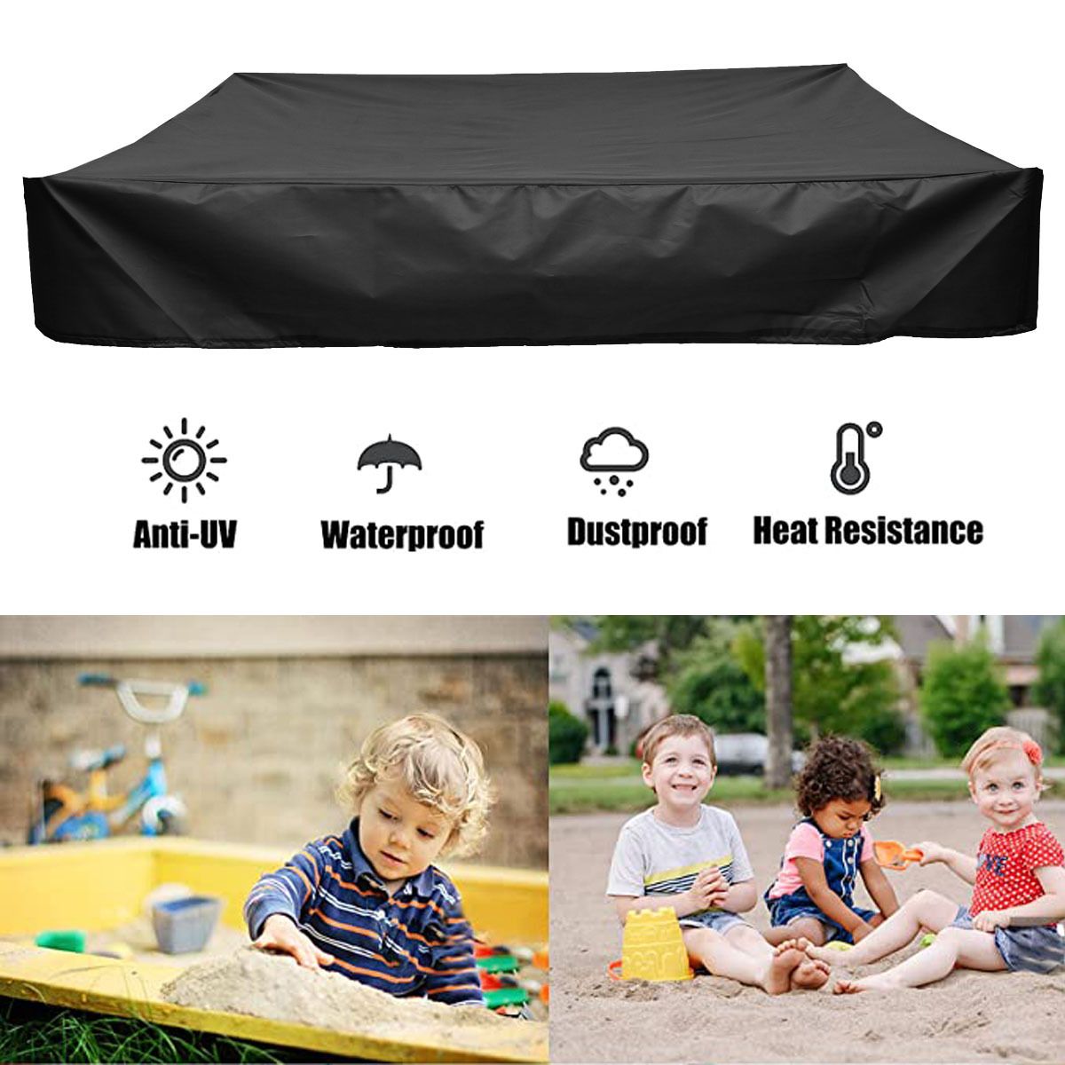 Black 200x200cm heavy-duty sandbox cover with secure fit, designed for outdoor kids' sandboxes and sandpits by Everything Baby.