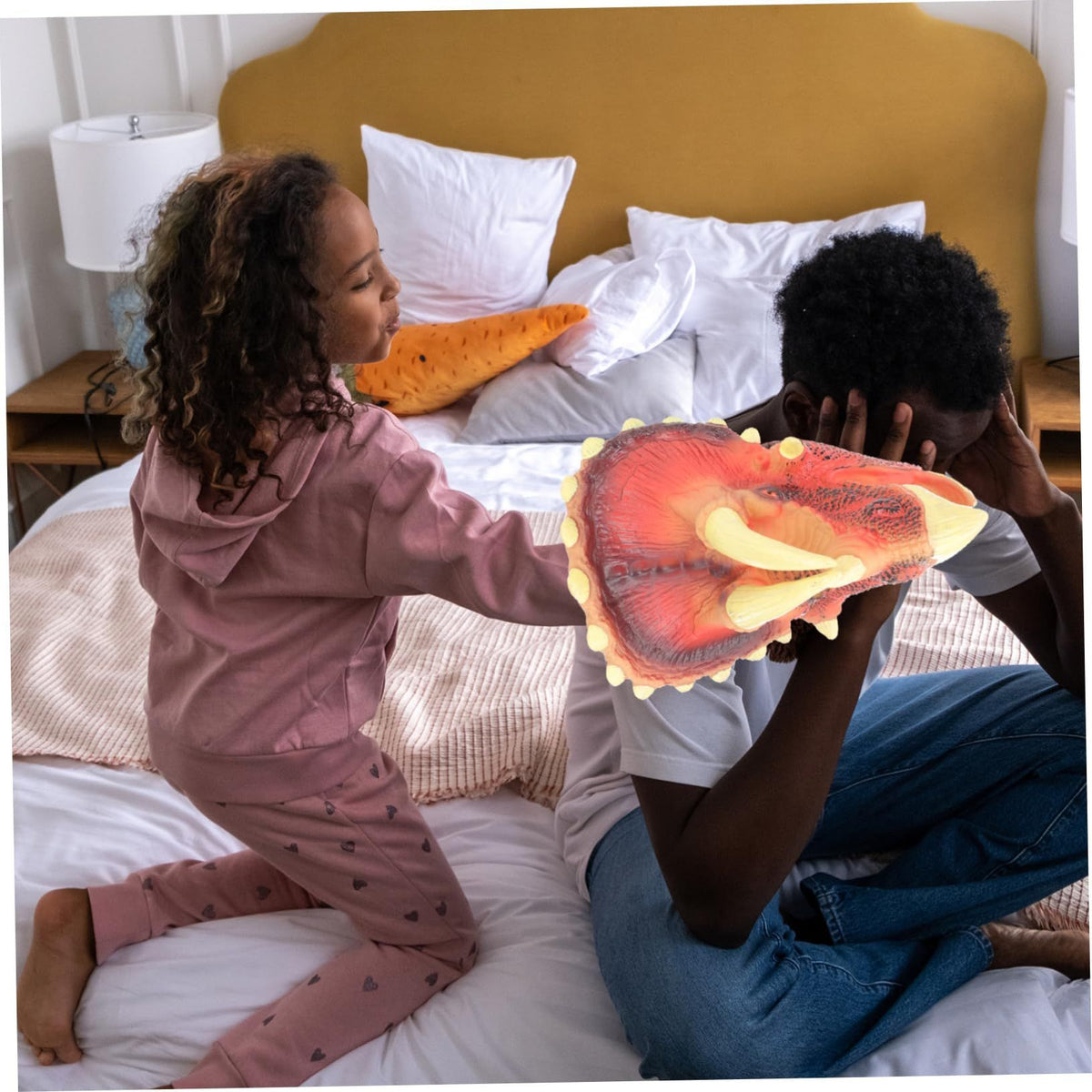 Educational Triceratops dinosaur hand puppet toy for kids, featuring realistic details for role-play and outdoor fun.