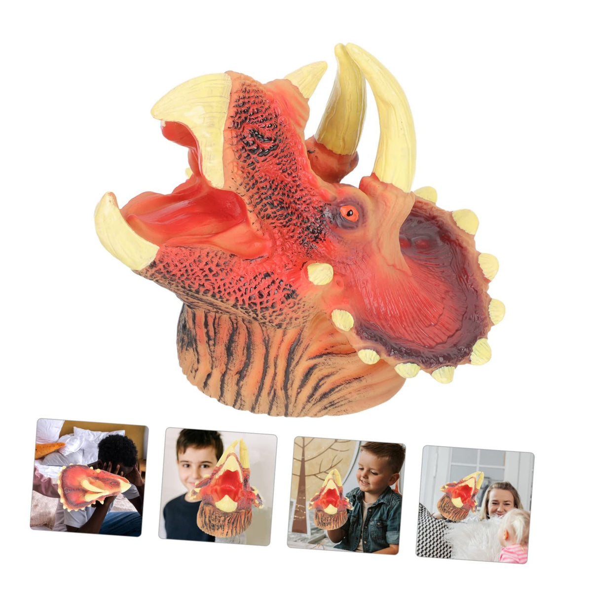 Educational Triceratops dinosaur hand puppet for kids, perfect for role-play and outdoor fun, by Everything Baby.