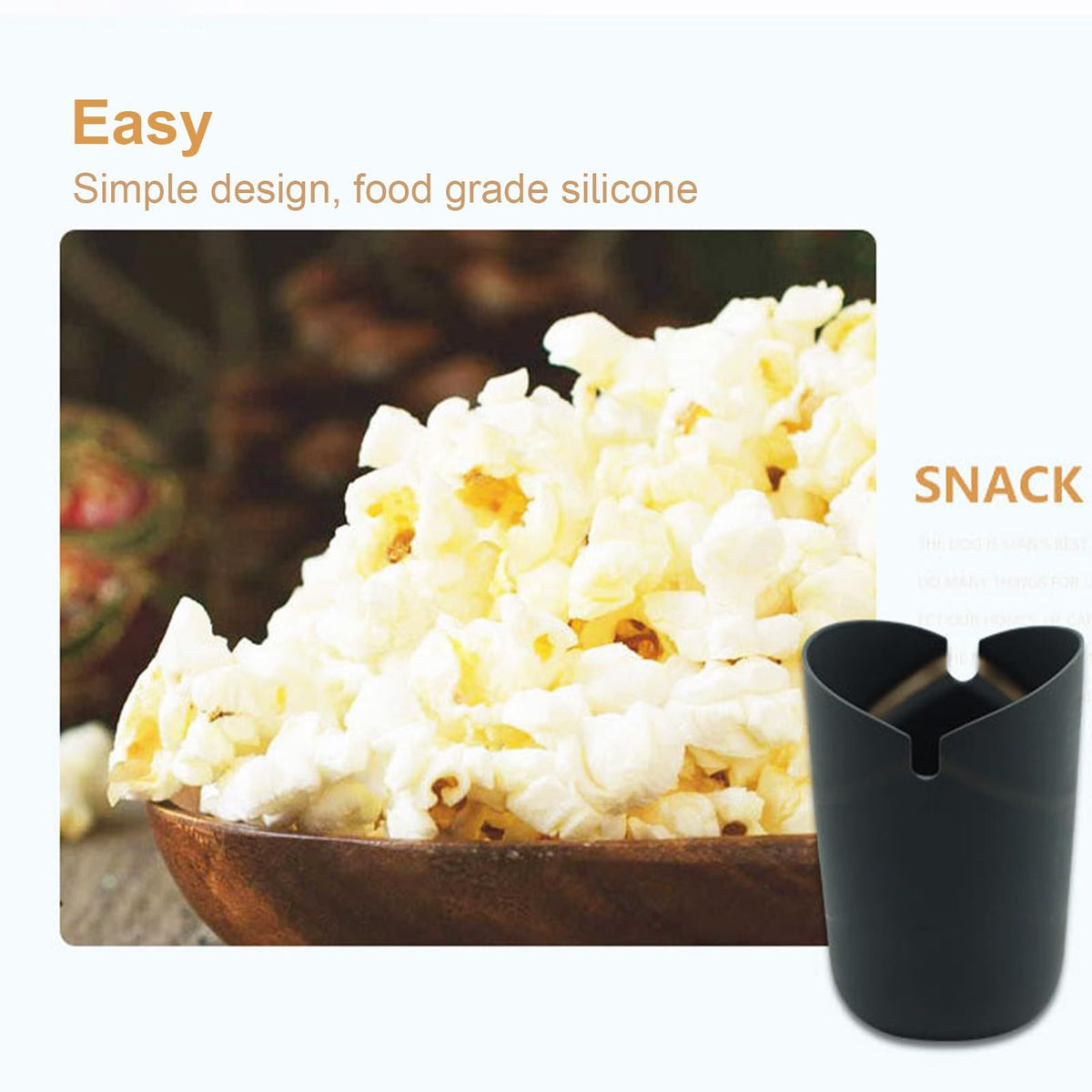 Collapsible microwave popcorn bowl for kids, no oil, made by Everything Baby, ideal for pretend play and making fluffy popcorn.