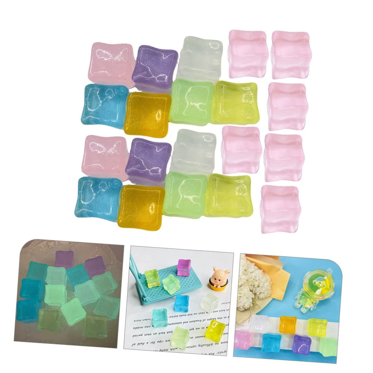 Set of 24 simulated fluorescent ice cubes for home decoration and kids' building toy accessories by Everything Baby, reusable and crystal-like.