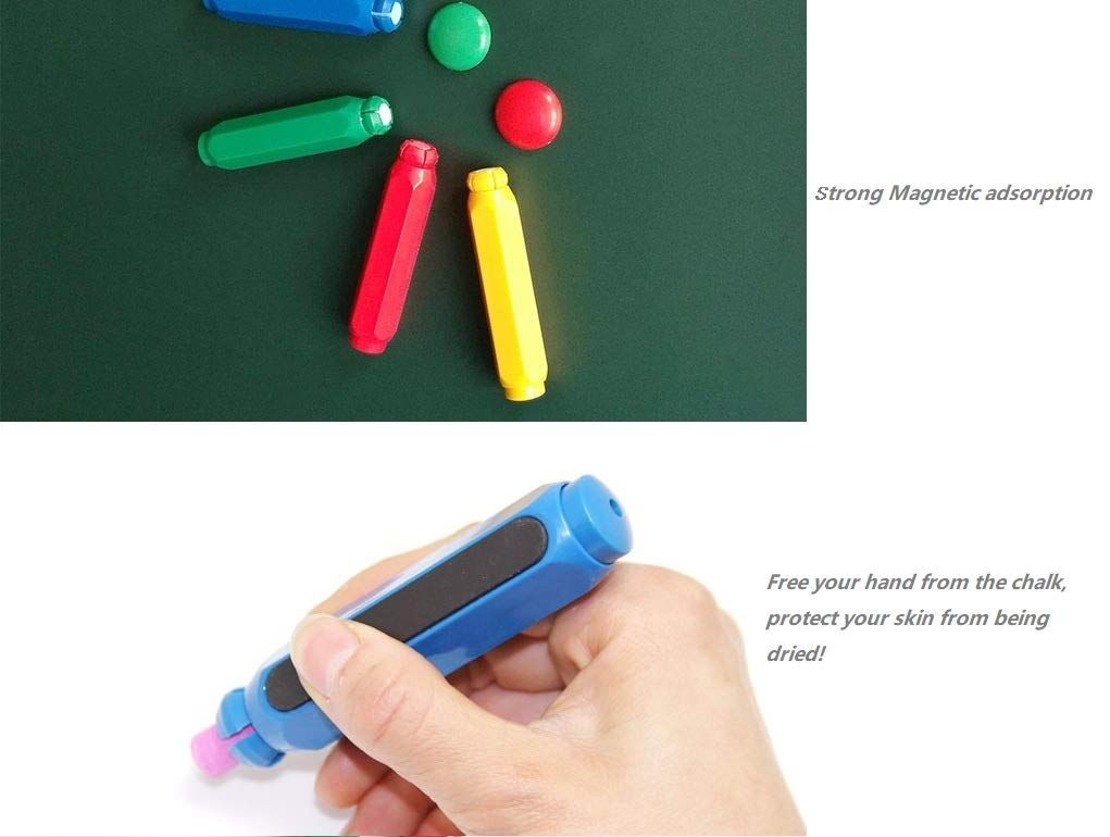 Blackboard adjustable chalk clip set with magnetic holders in four colors, designed for teachers and kids for art and drawing activities.