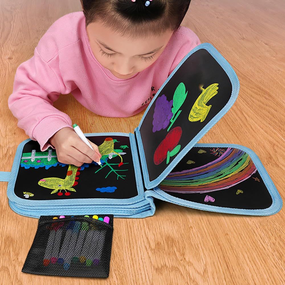 Erasable kids' drawing book by Everything Baby with watercolor pens, reusable pages, and colorful doodles for creative fun.