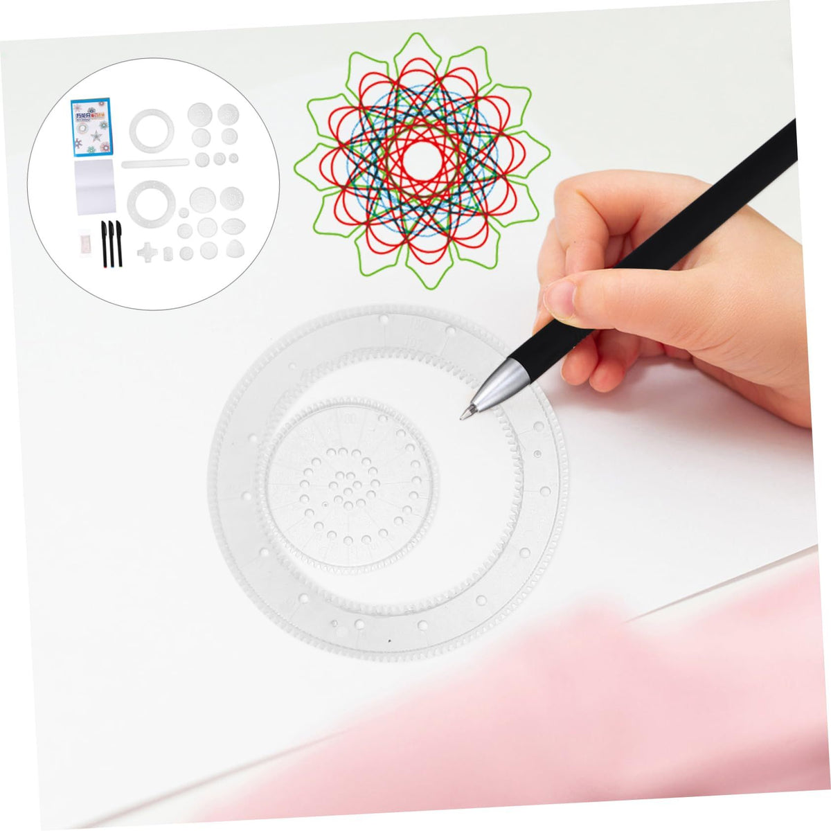 Set of 28 plastic spiral art gear and geometric circle templates for drawing and creative art projects for kids.