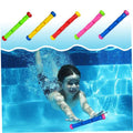 Colorful set of five diving sticks for kids swimming training, waterproof underwater pool toys by Everything Baby.