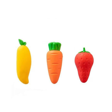 Three colorful fruit-shaped erasers from Everything Baby, fun and cute stationery toys for kids' art and drawing activities.