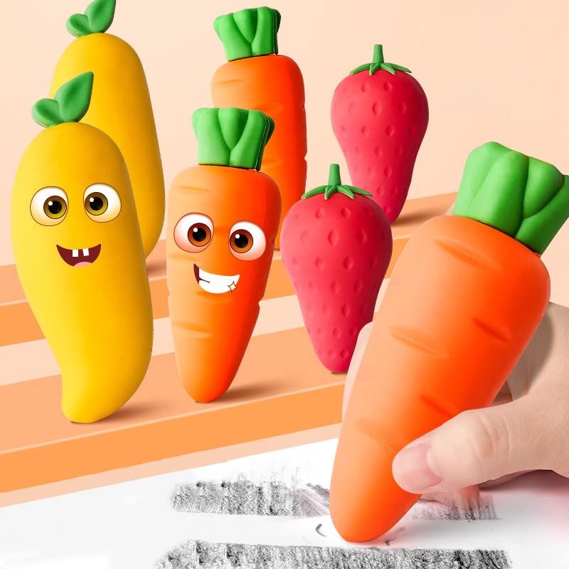 Three colorful fruit-shaped erasers from Everything Baby, cute and fun stationery for kids' art and drawing activities.