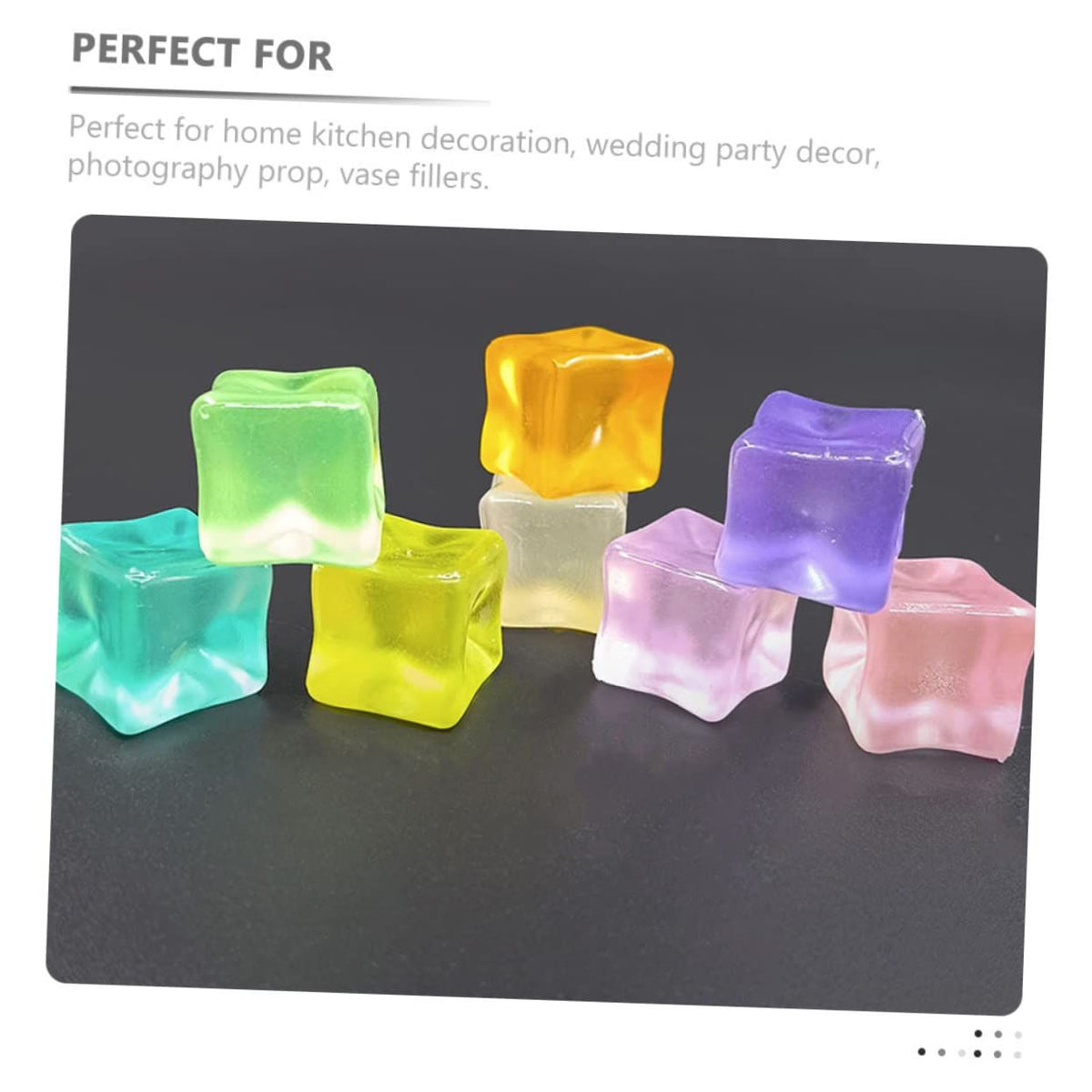 Colorful acrylic fake ice cubes in various luminous shades, square shape, used as photography props and decorative building toys.
