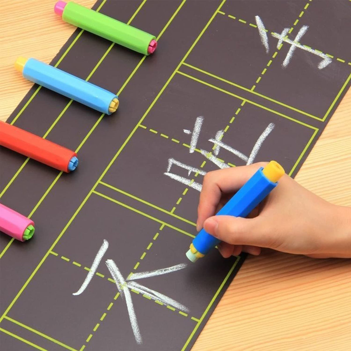 Set of five colorful plastic chalk holders for kids and teachers, adjustable blackboard accessories for drawing and writing.