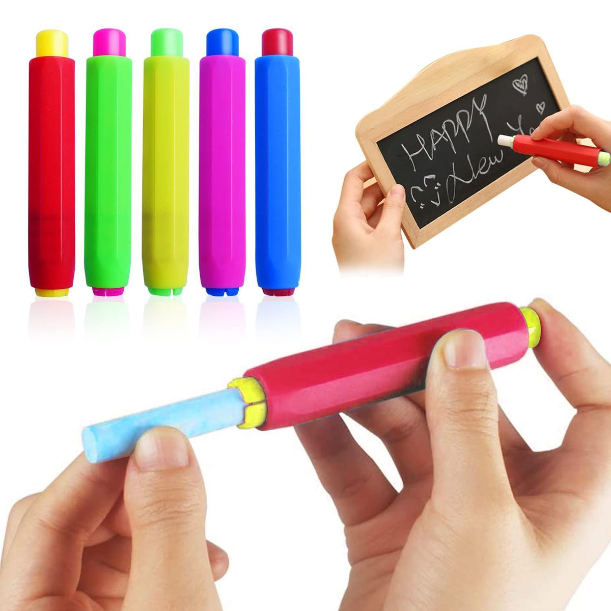 Set of five colorful plastic chalk holders for kids and teachers, adjustable and suitable for school, drawing, and classroom use.