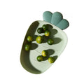 Two plastic fruit bowls and snack trays featuring cute candy and dried fruit designs, ideal for pretend play and household use.