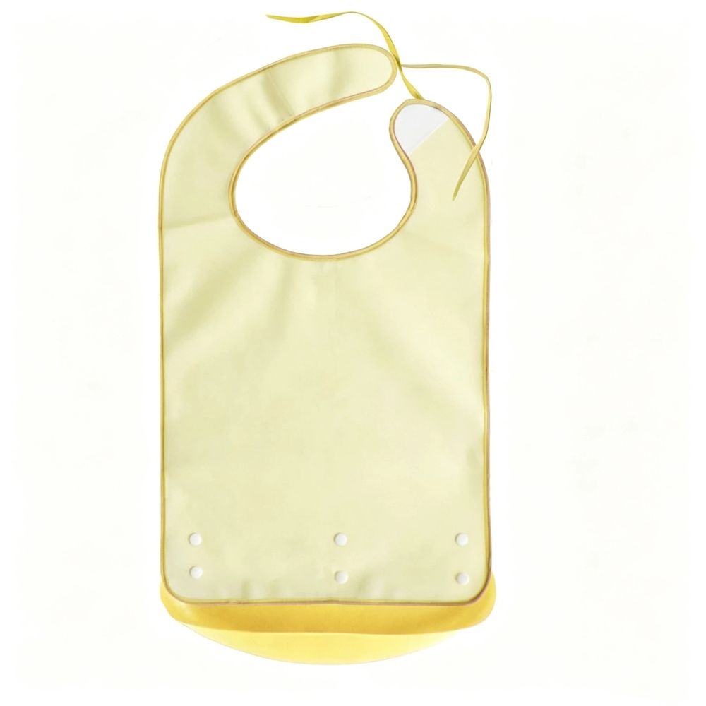 Silicone waterproof adult feeding bib with food catcher, reusable and easy to clean, designed for men and women during meals.