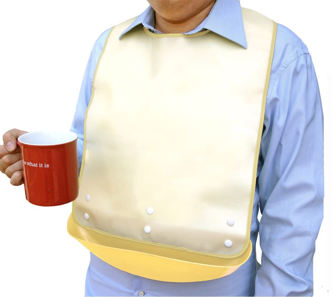 Silicone reusable waterproof adult feeding bib with food catcher, easy to clean, suitable for men and women, by Everything Baby.