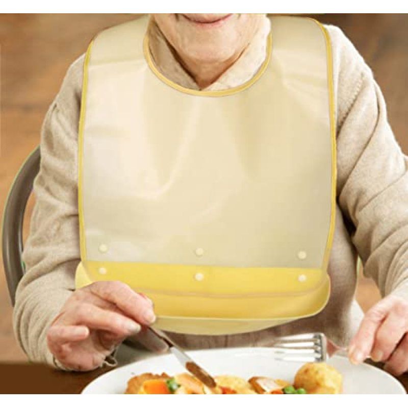 Silicone waterproof clothing protector with food catcher for adults, reusable and easy to clean, suitable for nursing and feeding.