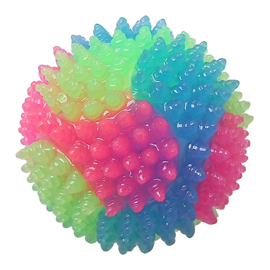 Two light-up dog balls with spikes, LED glow, and squeaker for fetch, designed for playful outdoor activities.