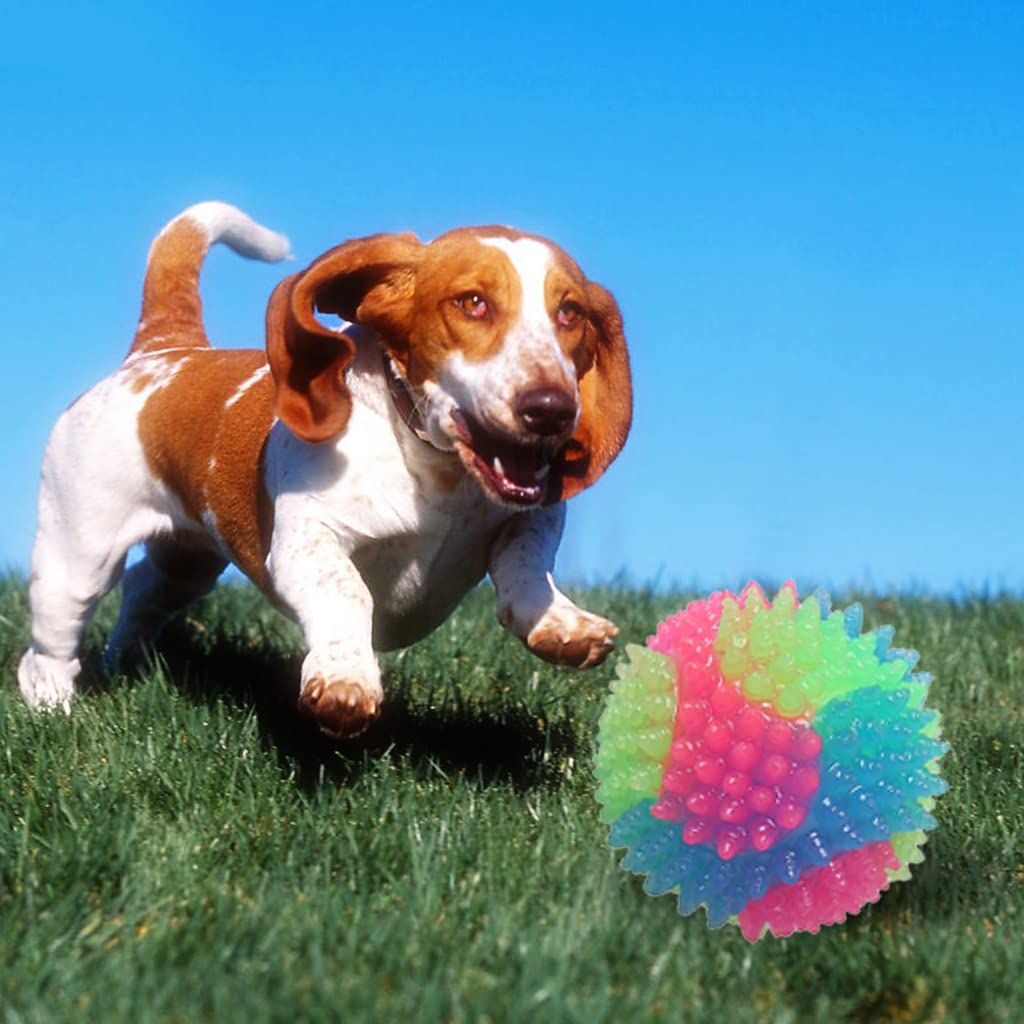Set of two light-up dog fetch balls with spiky design, LED glow, and squeaker, ideal for active play and nighttime visibility.