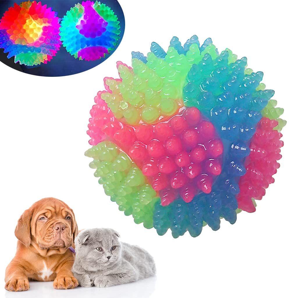 Light-up spiky dog balls with LED glow, perfect for fetch and play, featuring flashing, elastic tennis ball design for dogs.